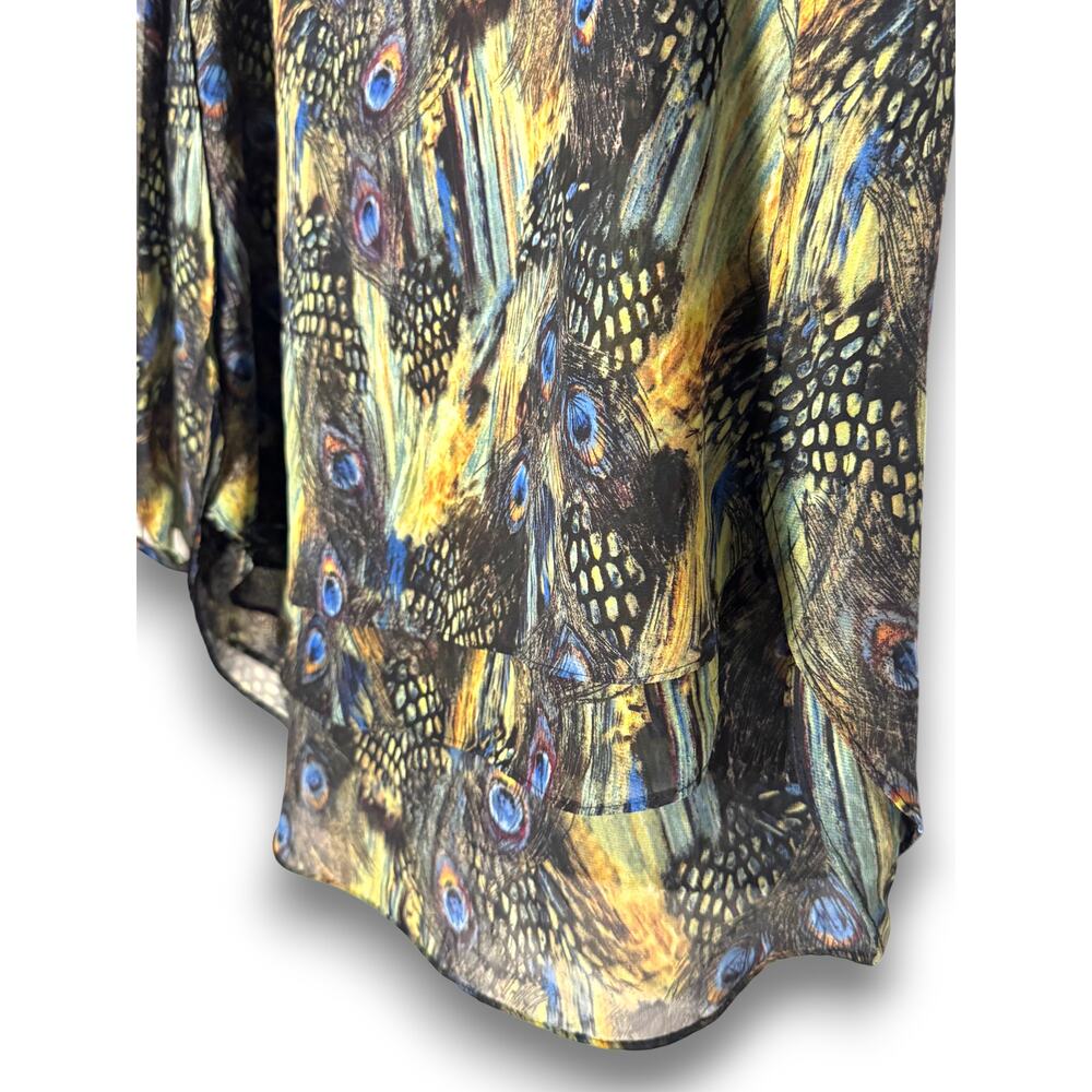 Zac and Rachel Women Medium Peacock Feather Print Sheer Layered Blouse Blue Gold - Picture 3 of 8